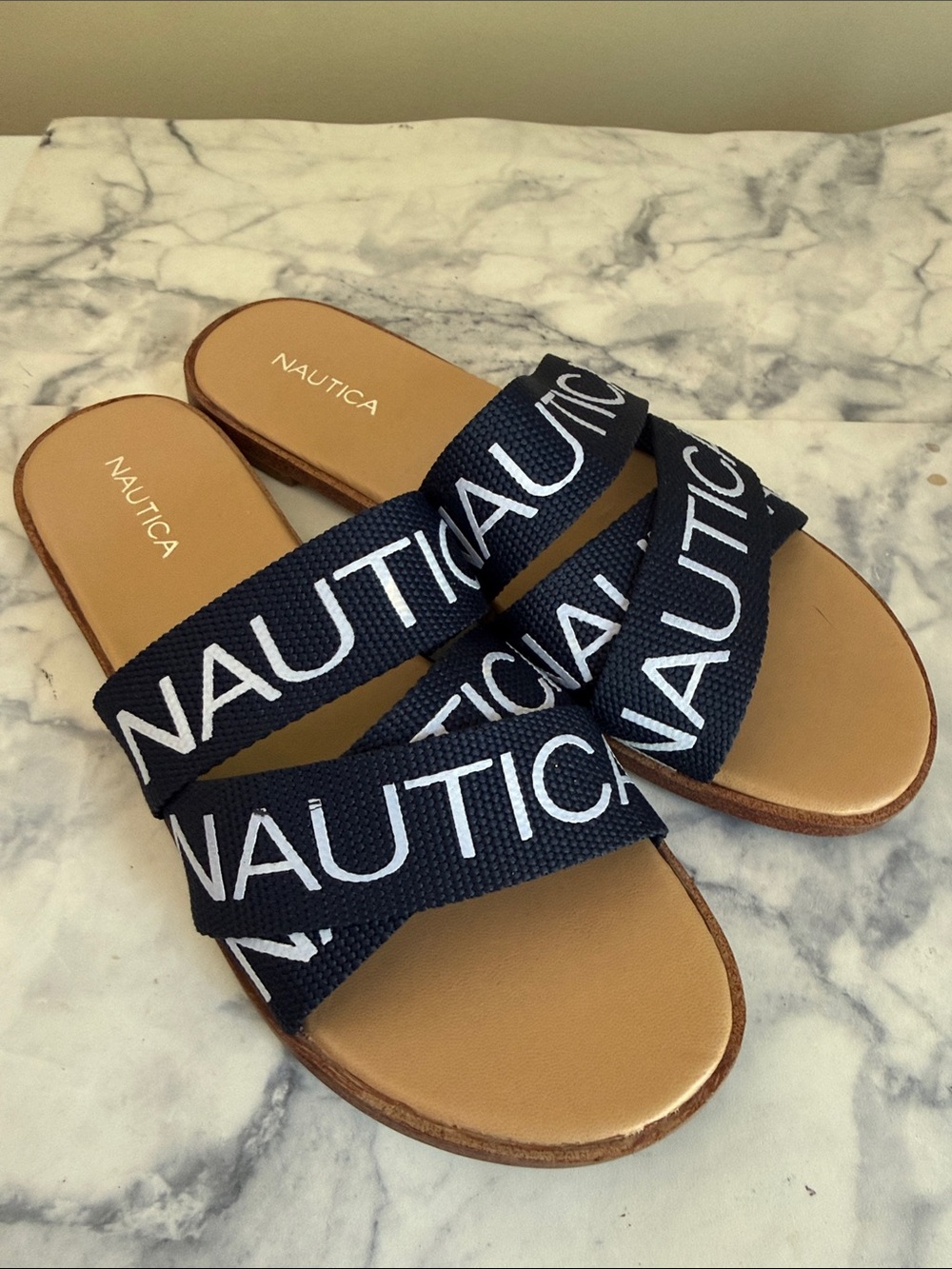 Nautica Navy and Tan Crossband Slide Sandals - Picture 4 of 6